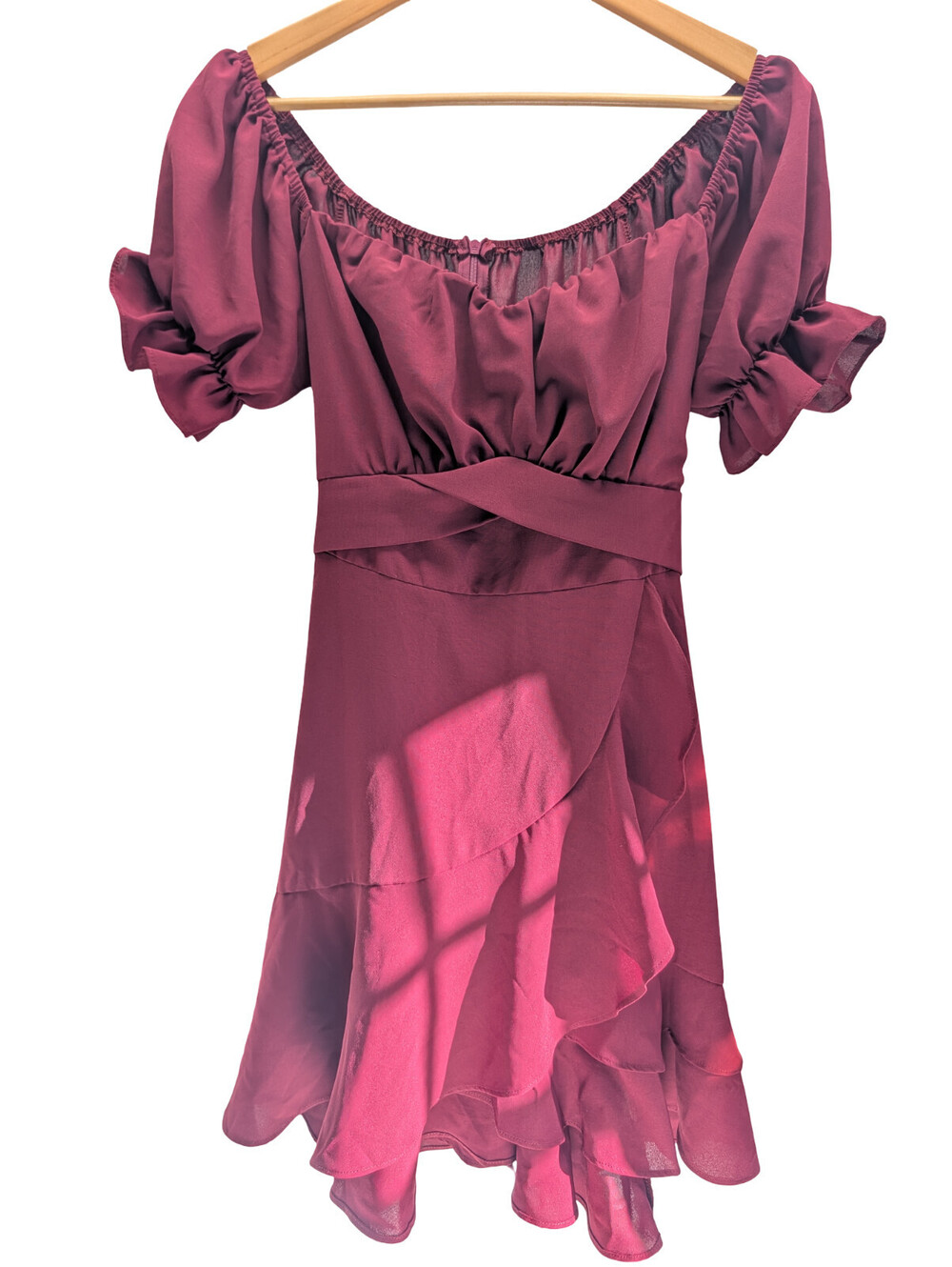 LYANER Burgundy Off Shoulder Puff Sleeve Tie Mini Dress
